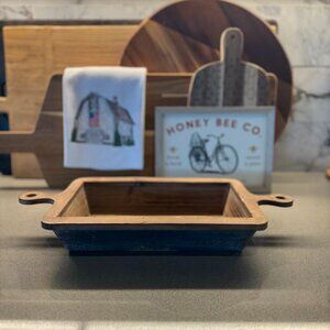 Rustic Distressed Wood Dough Bowl | Farmhouse Tray w/ Handles | Multi-Use Decor